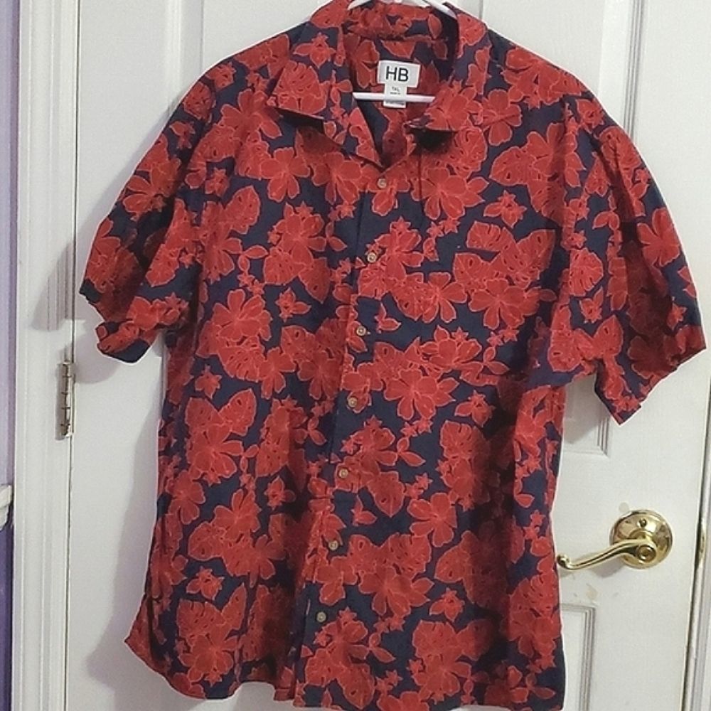 Harbor Bay Big Casual Black Red Floral Short Sleeve Beachy Button Down Shirt 1XL